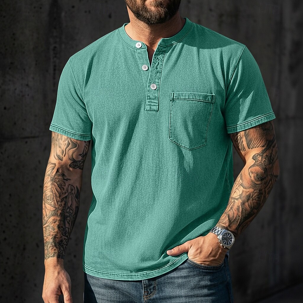 Pánské Tričko Henley Košile ze 100% bavlny Tričko Tričko Krátký rukáv Jednobarevné Retro Na běžné nošení Retro styl Barvení oděvů Vybledlý Henley Ležérní Léto Jaro Podzim Světlá růžová Šedá Tričko 2026 - $31.99 –P12