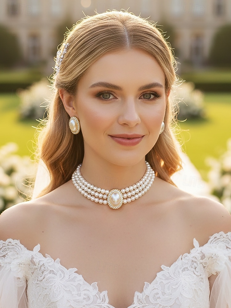 Женский комплект из ожерелья и сережек из искусственного жемчуга, винтажное элегантное многослойное колье-чокер с овальным кулоном, классические свадебные украшения для свадьбы, вечерних вечеринок и торжественных мероприятий. 2026 - $11.99 –P2