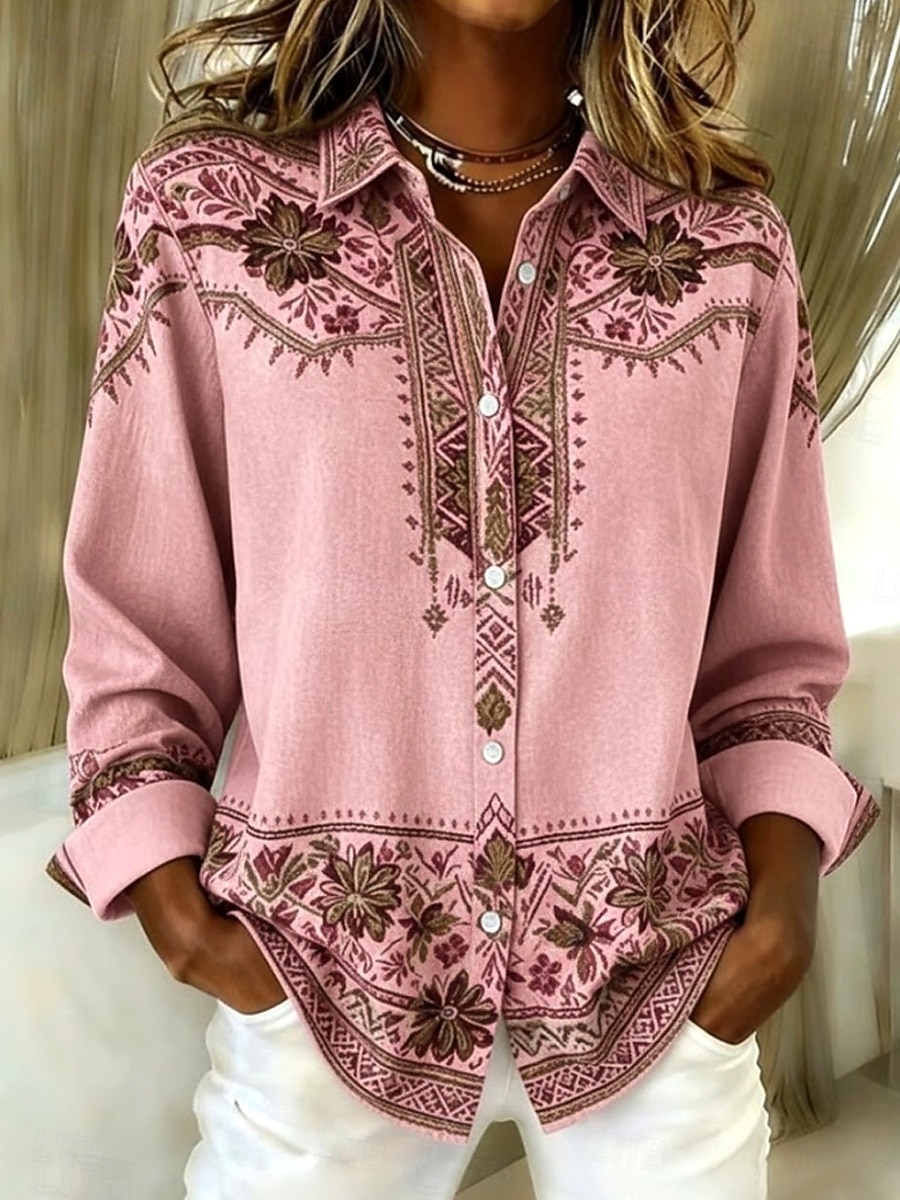 Damen Hemd Bluse Patchwork Knöpfe Druck Grafik Geometrisch Karomuster Vintage Tropisch Täglich Langarm V Ausschnitt Hemdkragen Lange Oberteile Täglich Strandbekleidung Urlaubskleidung Blau Schwarz 2026 - $32.99 –P7