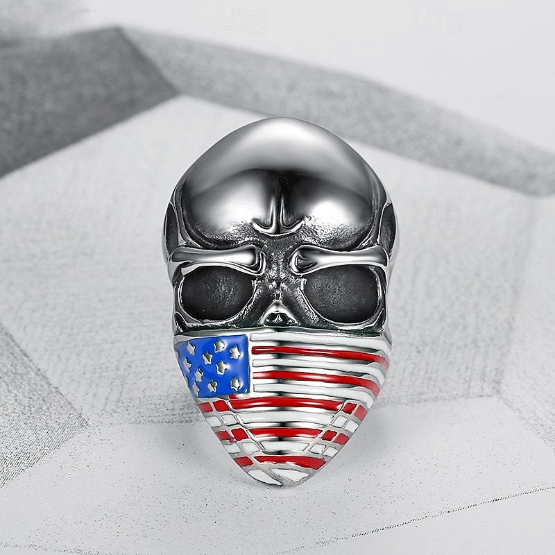 anello personalizzato con testa di teschio, bandiera nazionale, anello in acciaio al titanio, maschera con bandiera americana, testa di fantasma, anello da uomo del 2026 a $12.99 –P3