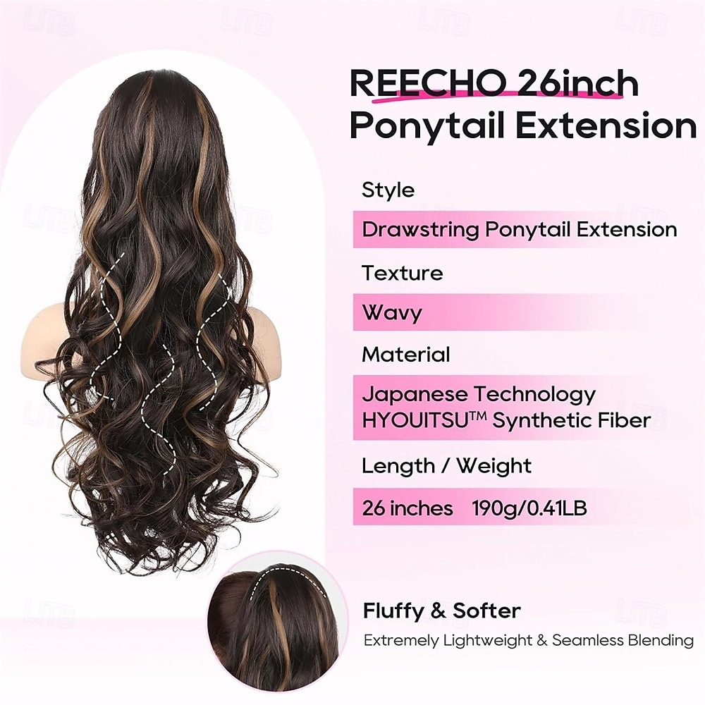 Ponytail Extension, 26 Inch Drawstring Ponytail Extension Long Curly Wavy Pony Tails Hair Extensions Synthetic Clip in Ponytail Hairpiece for Women, Dark Chocolate Brown with Highlights 26 Inch 2026 - $22.99 –P3
