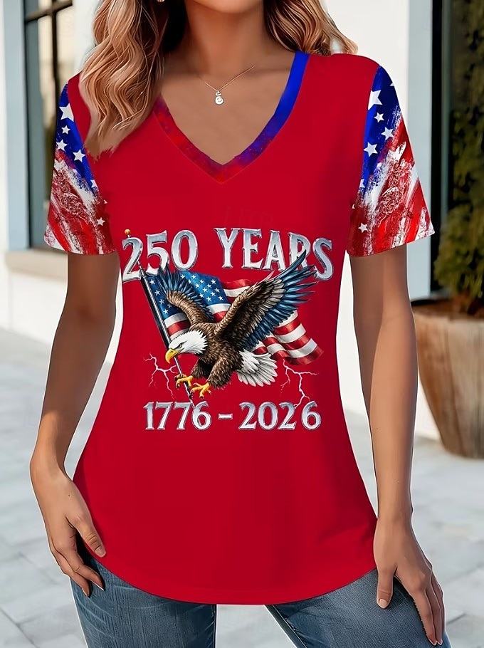 Independence Day American Anniversary Patriotic Women's T Shirt Print Graphic Flag Vintage Stylish Classic Short Sleeve V Neck Regular Tops Daily Red Summer Spring 2026 - $21.99 –P3