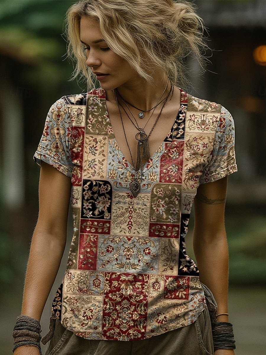 Damen T Shirt Druck Grafik Paisley-Muster Pflanzen Bohemien Vintage Stilvoll Kurzarm V Ausschnitt Lange Oberteile Täglich Ausgehen Wochenende Blau Schwarz Marineblau Braun Grün Sommer Frühling 2026 - $21.99 –P5