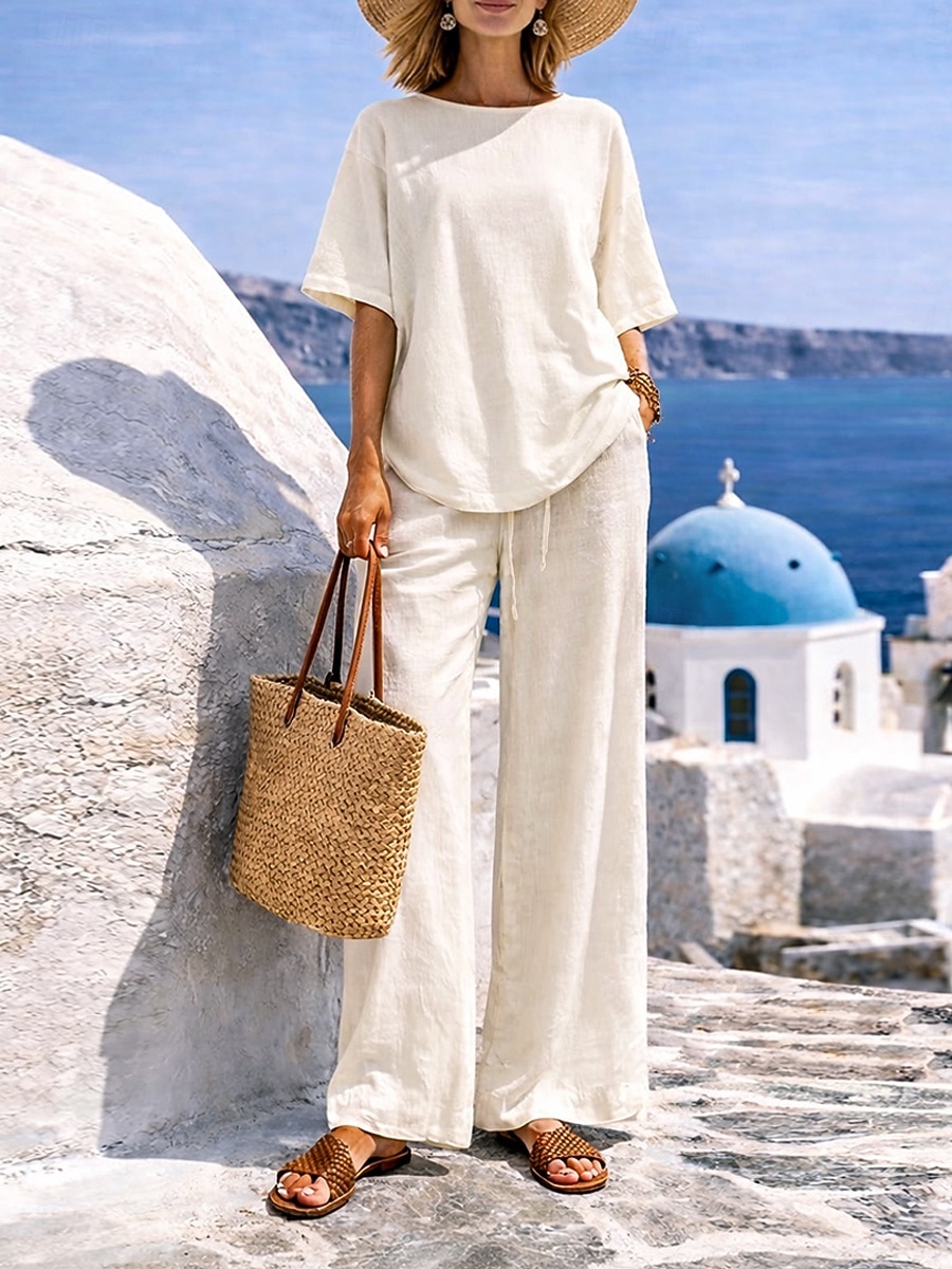 15% Linen Women's Pants Sets Linen Sets Basic Pure Color Pocket Elastic Waist T Shirt Pant Daily Street Long Sleeve Crew Neck Blue Black White Navy Blue Light Brown Summer Spring 2026 - $37.99 –P3