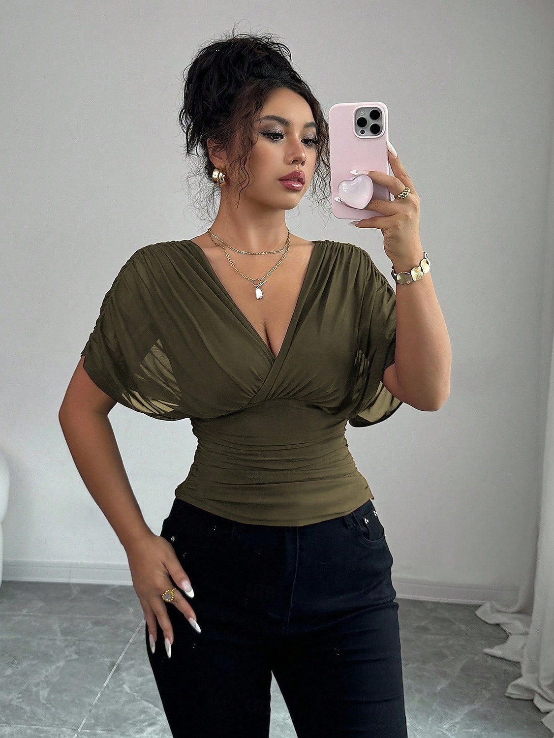 Per donna Blusa Tinta unica Semplice Elegante Vintage Moda Manica Corta Scollo a V Scollo profondo Top Regolari Rosso violaceo Marrone caffè Nero Verde militare Estate Primavera del 2026 a $24.99 –P5
