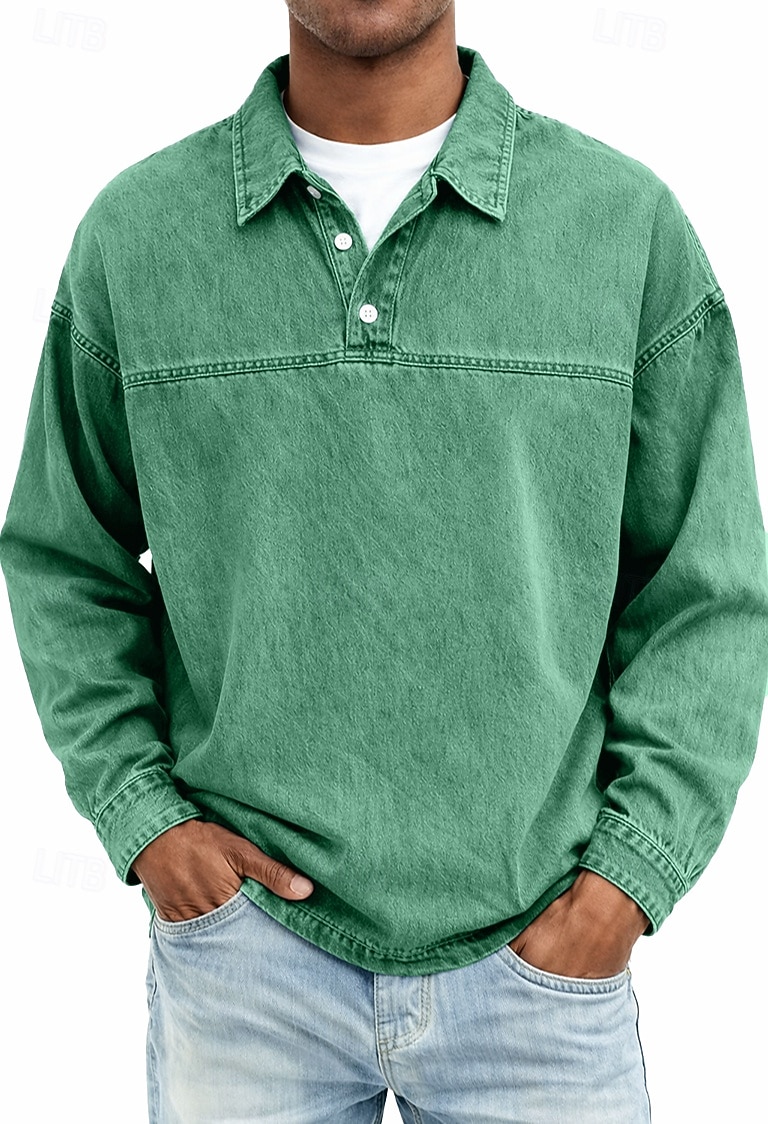 Herren Jeanshemd Baumwoll-Poloshirt Lässig Urlaub Klassisch Langarm Mode Basic Einfarbig Einfach Vintage-Stil Gewaschen Frühling Winter Frühling & Herbst Normale Passform Schwarz Hellgrün Rosa 2026 - $33.99 –P5