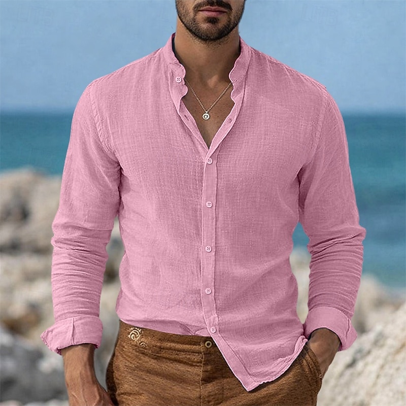 Homens Camisa Social Camisa de linho Camisa de colarinho chinês Camisa gola mandarim Camisa casual camisa de botão Tecido Streetwear Férias Azul Preto Branco Rosa Manga Longa colarinho do vovô de 2026 por $31.99 –P3