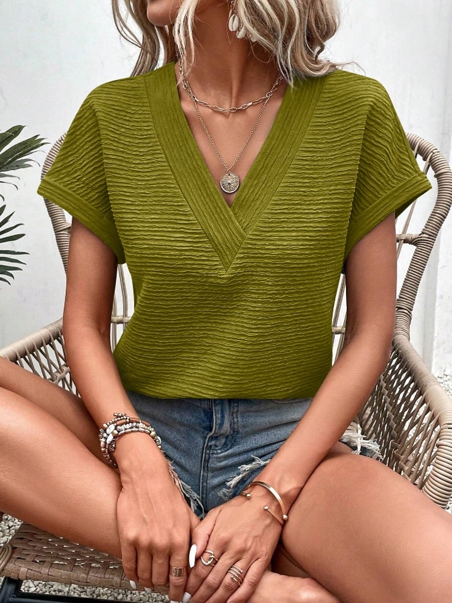 Mulheres Camiseta T-shirt Côr Sólida Moda à moda Clássico Manga Curta Decote V Tops regulares Diário Para Noite Final de semana Rosa Verde Tropa Vermelho Marron Verde Verão Primavera de 2026 por $21.99 –P10