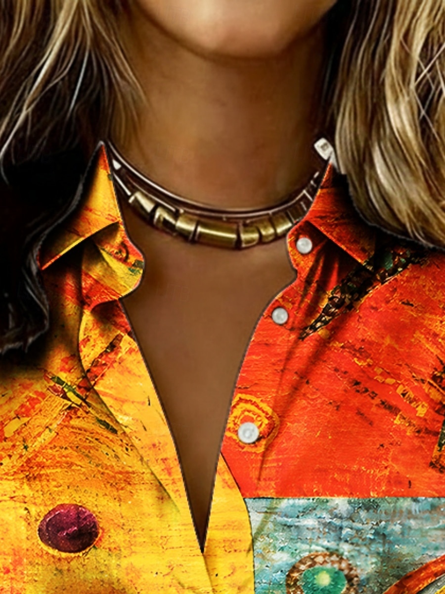 Mujer Camisa Camisa de raso Estampado Graphic Geométrico Bloque de color Bohemia Vintage Elegante Manga Larga Cuello Camisero Tops regulares Diario Festivos Noche Naranja Verano Primavera Otoño 2026 - $31.99 –P3