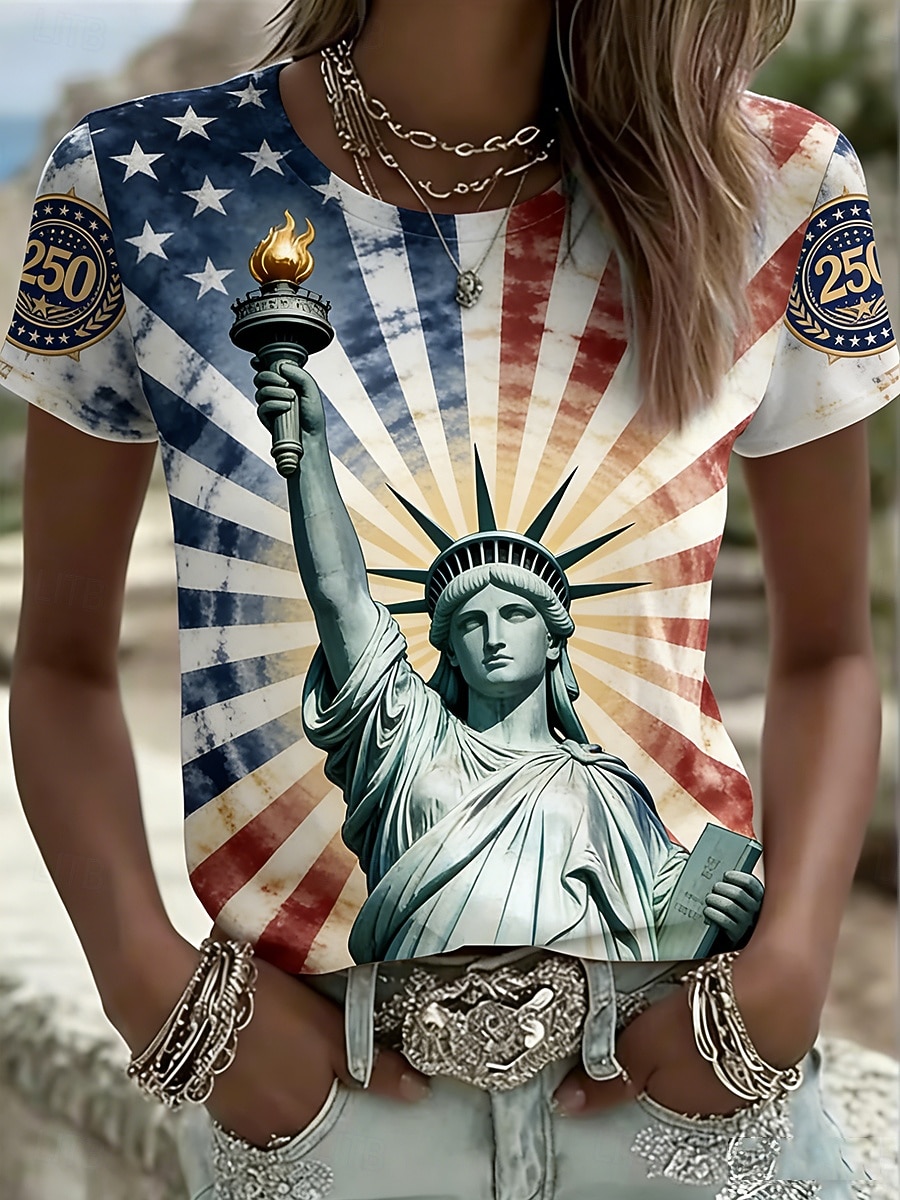 Giorno dell'Indipendenza Anniversary Americano Maglietta Patriottica da Donna Stampa Grafica Bandiera Nazionale Vintage Elegante Classica Manica Corta Collo Tondo Regolare Top Giornalieri Weekend Blu del 2026 a $22.99 –P2