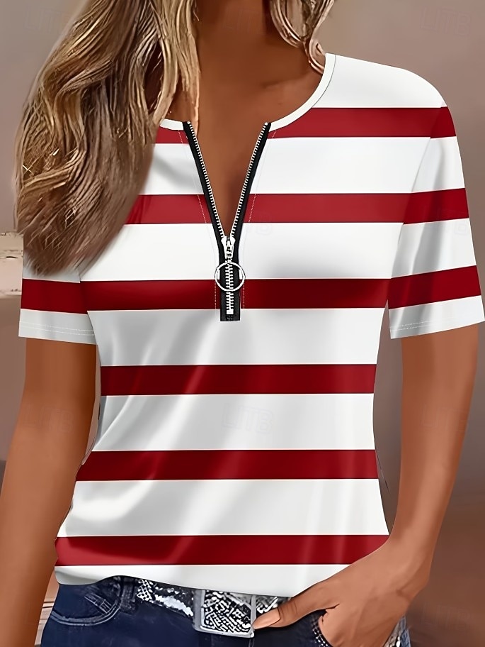 Per donna Maglietta Cerniera Zip a un quarto Grafico Geometrico Blocco di colori Tropicale Hawaiano Elegante Manica Corta Girocollo Top Regolari Matrimonio in Spiaggia Quotidiano Sportivo Blu Nero del 2026 a $21.99 –P5