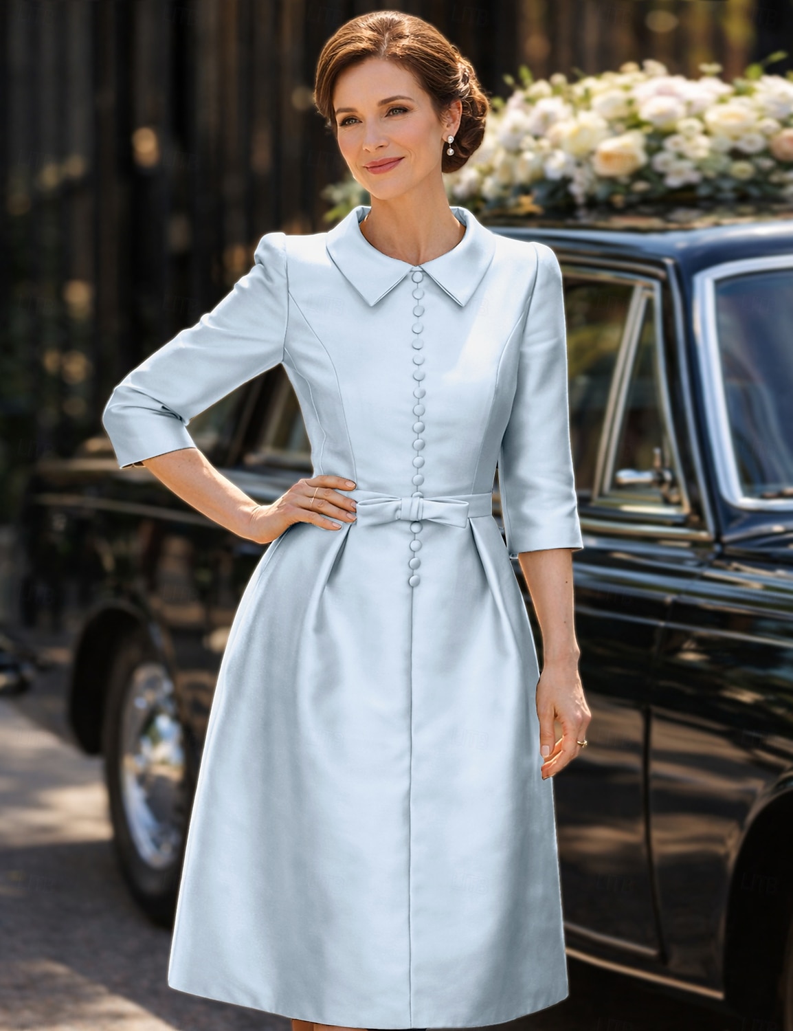 Schlauchkleid Knielang Partykleid Cocktailkleid Kleid für Hochzeitsgäste Brautmutterkleid Dreiviertelarm Hemdkragen Elegant Minimalistisch Hochzeitsgast Cocktailparty Formeller Abend Stretch Satin mit 2026 - $126.99 –P7