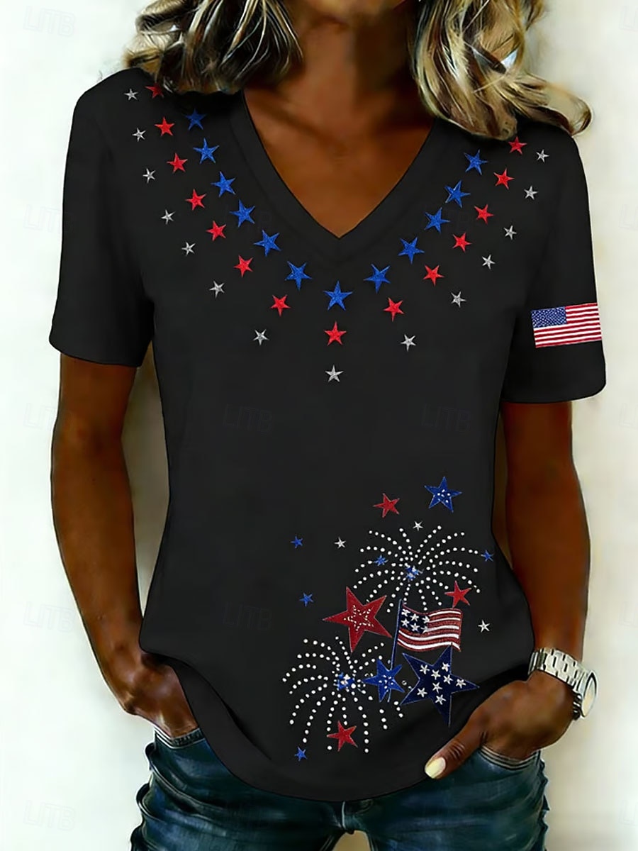 Amerikanska självständighetsdagen Dam T-shirt Mönster Grafisk Flagga Vintage Stylish Klassisk Kortärmad V-hals Långa toppar Dagligen Blå Svart Vit Sommar Vår 2026 - $21.99 –P3