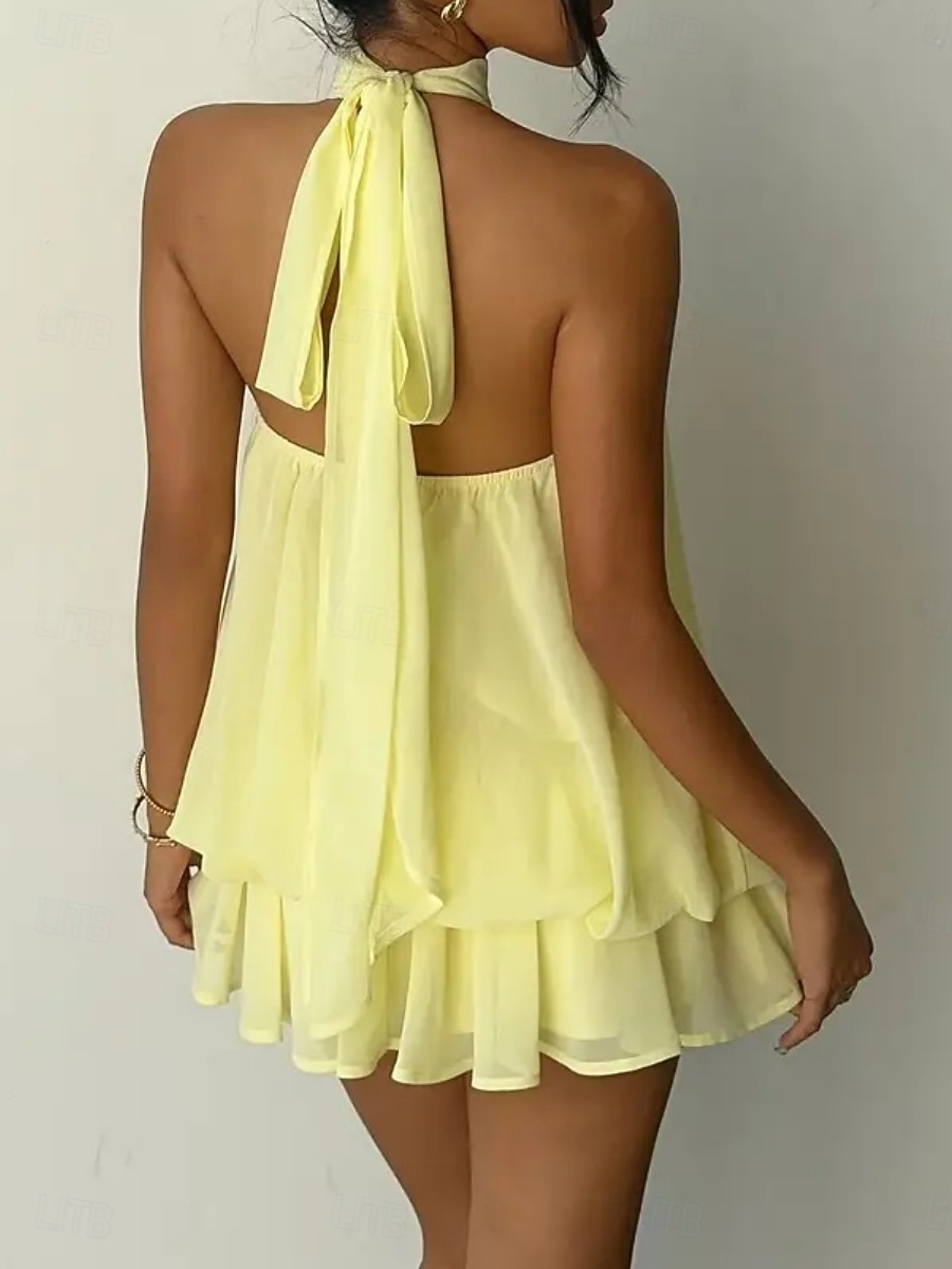 Dames Mini-jurk Zomerjurk halter jurk Casual Dagelijks Strand Feestdagen Ruim Passend Effen Mouwloos Halternek Geel Rood Hemelsblauw Bruin Zomer Lente 2026 - $33.99 –P3