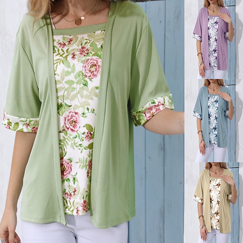 Damen Bluse Patchwork Blumen Elegant Urlaub Lässig Halbarm Quadrathals Normale Oberteile Täglich Himmelblau Purpur Grün Khaki Sommer Frühling 2026 - $24.99 –P1