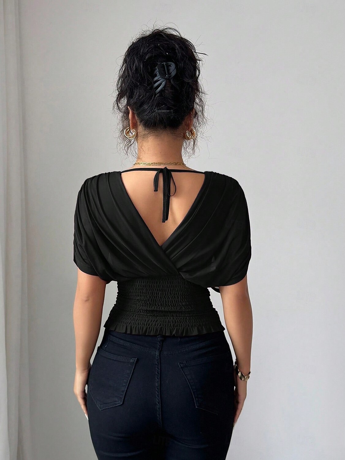 Per donna Blusa Tinta unica Semplice Elegante Vintage Moda Manica Corta Scollo a V Scollo profondo Top Regolari Rosso violaceo Marrone caffè Nero Verde militare Estate Primavera del 2026 a $24.99 –P8