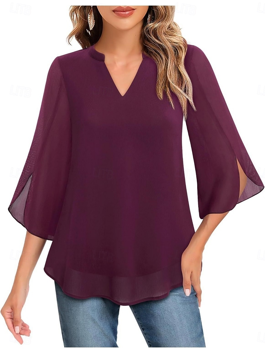 Women's Blouse Solid Color Elegant Stylish Casual 3/4 Length Sleeve V Neck Regular Tops Daily Pink Wine Red Royal Blue Green Summer Spring 2026 - $21.99 –P9
