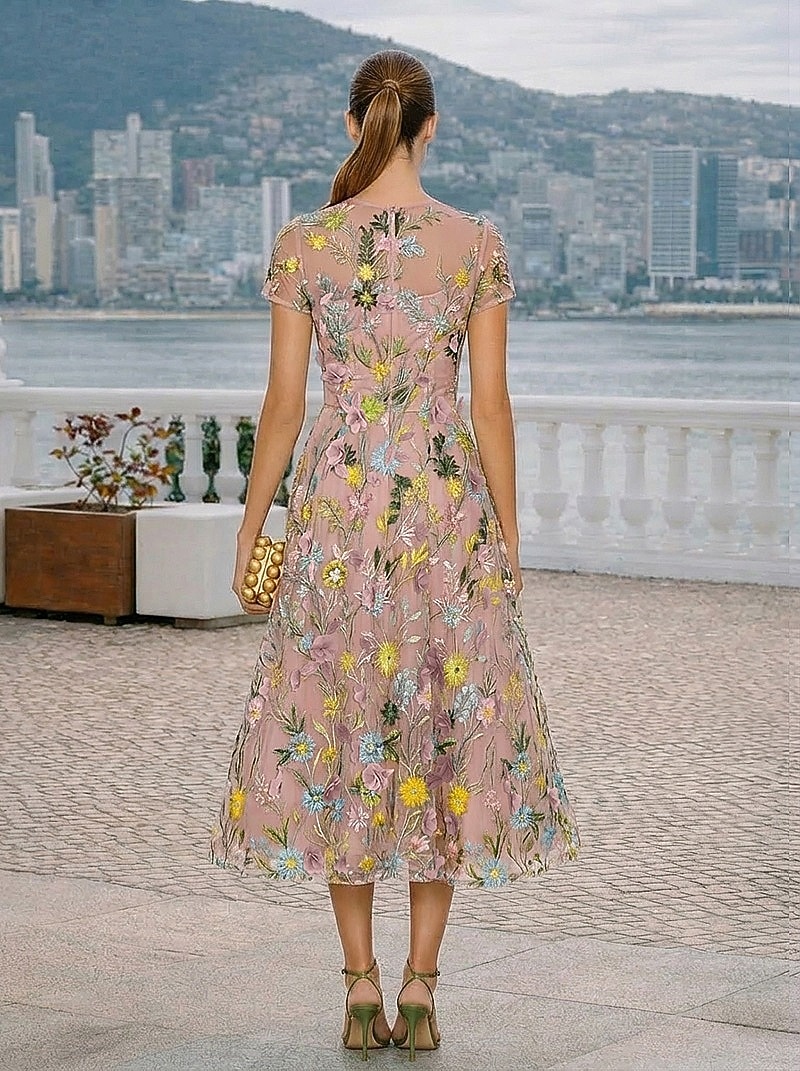 A-Line Tea Length Cocktail Dresses Elegant Floral Short Sleeve Crew Neck Garden Party Wedding Lace with 3D Flowers Embroidery Appliques 2026 - $194.99 –P2