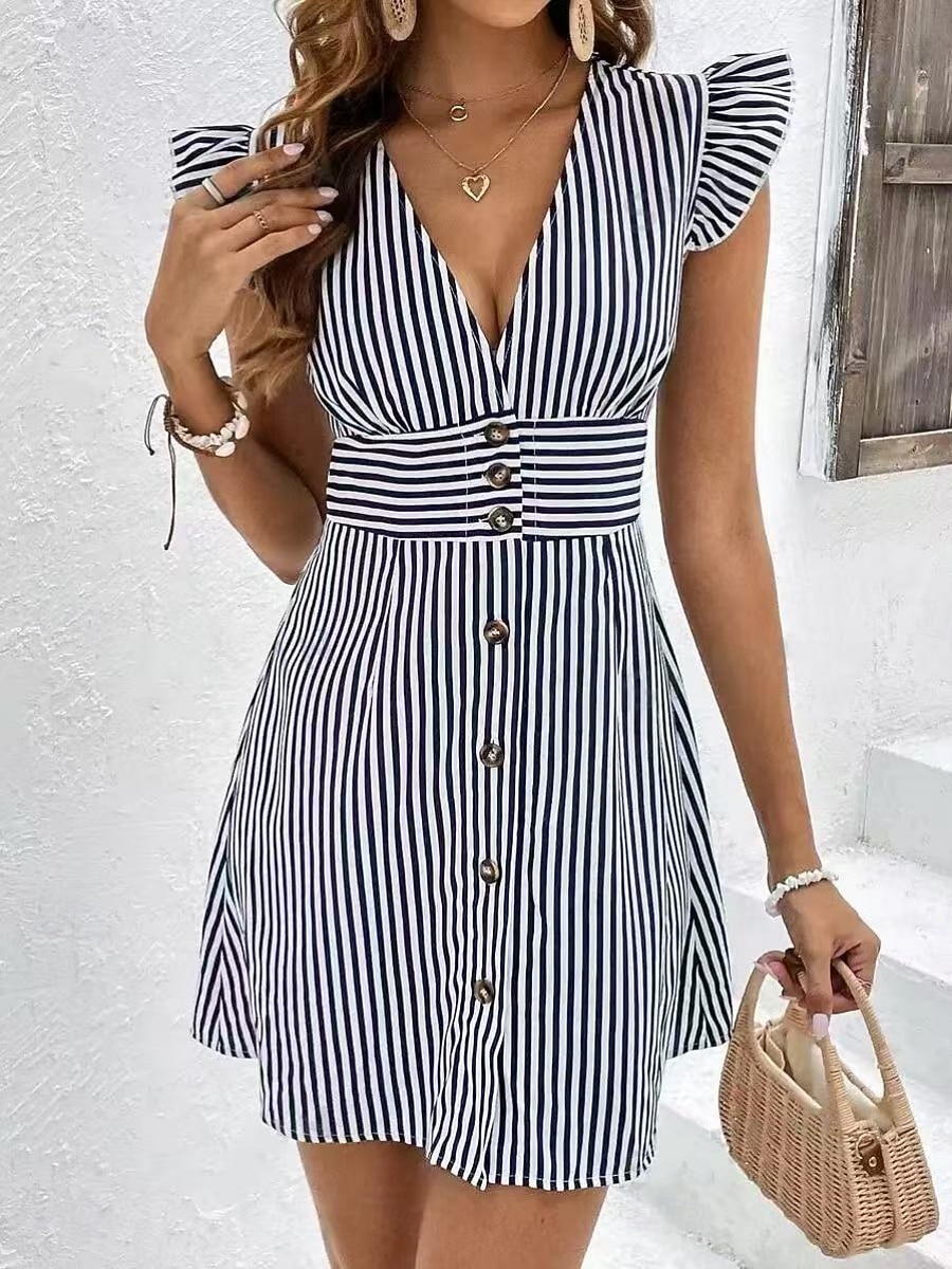 Women's Mini Dress A Line Dress Summer Dress Casual Daily Regular Fit Striped Short Sleeve V Neck Black Yellow Pink Green Summer Spring 2026 - $27.99 –P9