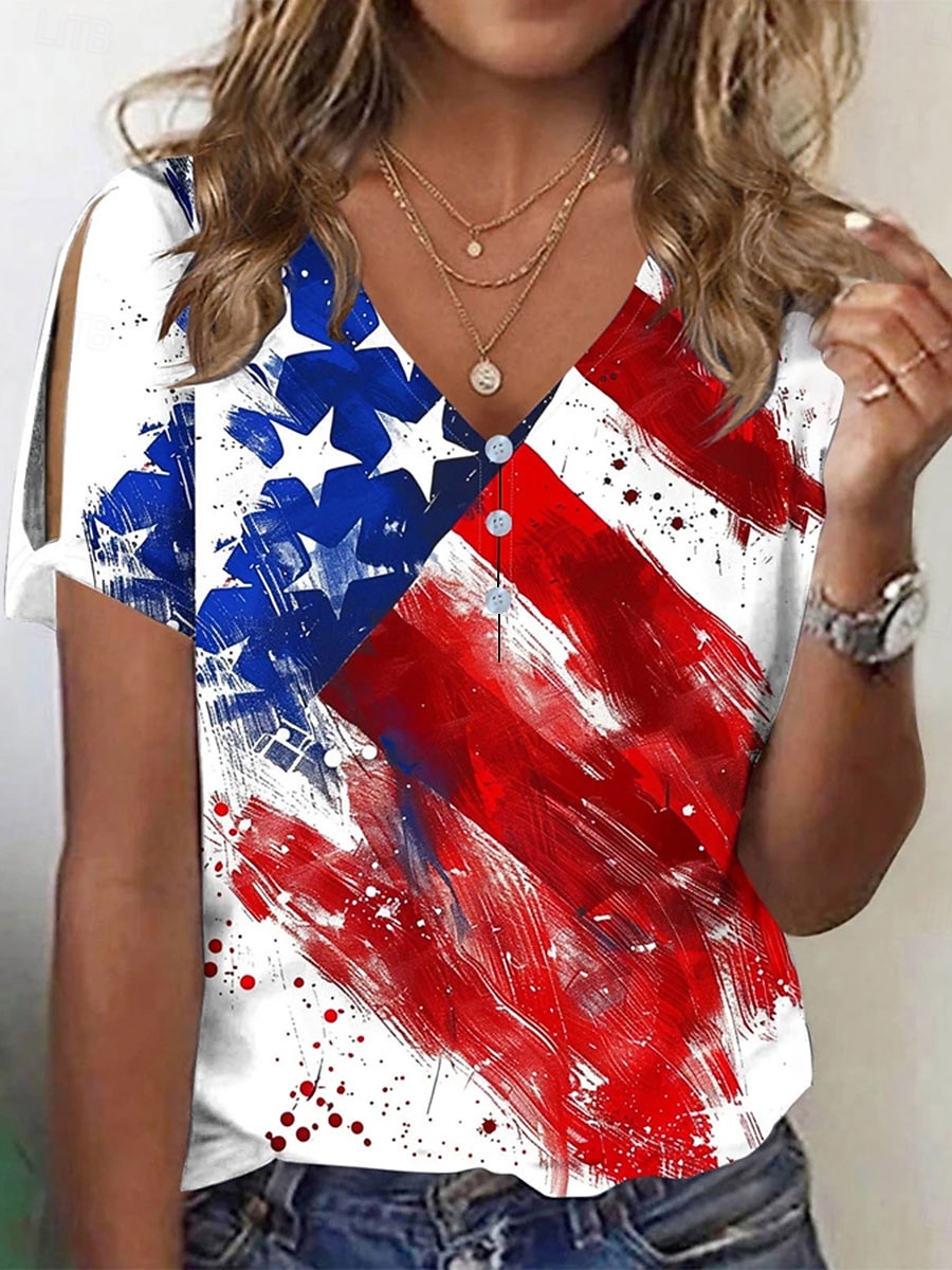 2026年 アメリカ独立記念日 女性用 Tシャツ カラーブロック プリント グラフィック フラッグ ヴィンテージ スタイリッシュ クラシック 半袖 Ｖネック レギュラートップス 日常 お出かけ 週末 ブルー ルビーレッド レッドとブルー 夏 春  コレクション – $29.99 –P2