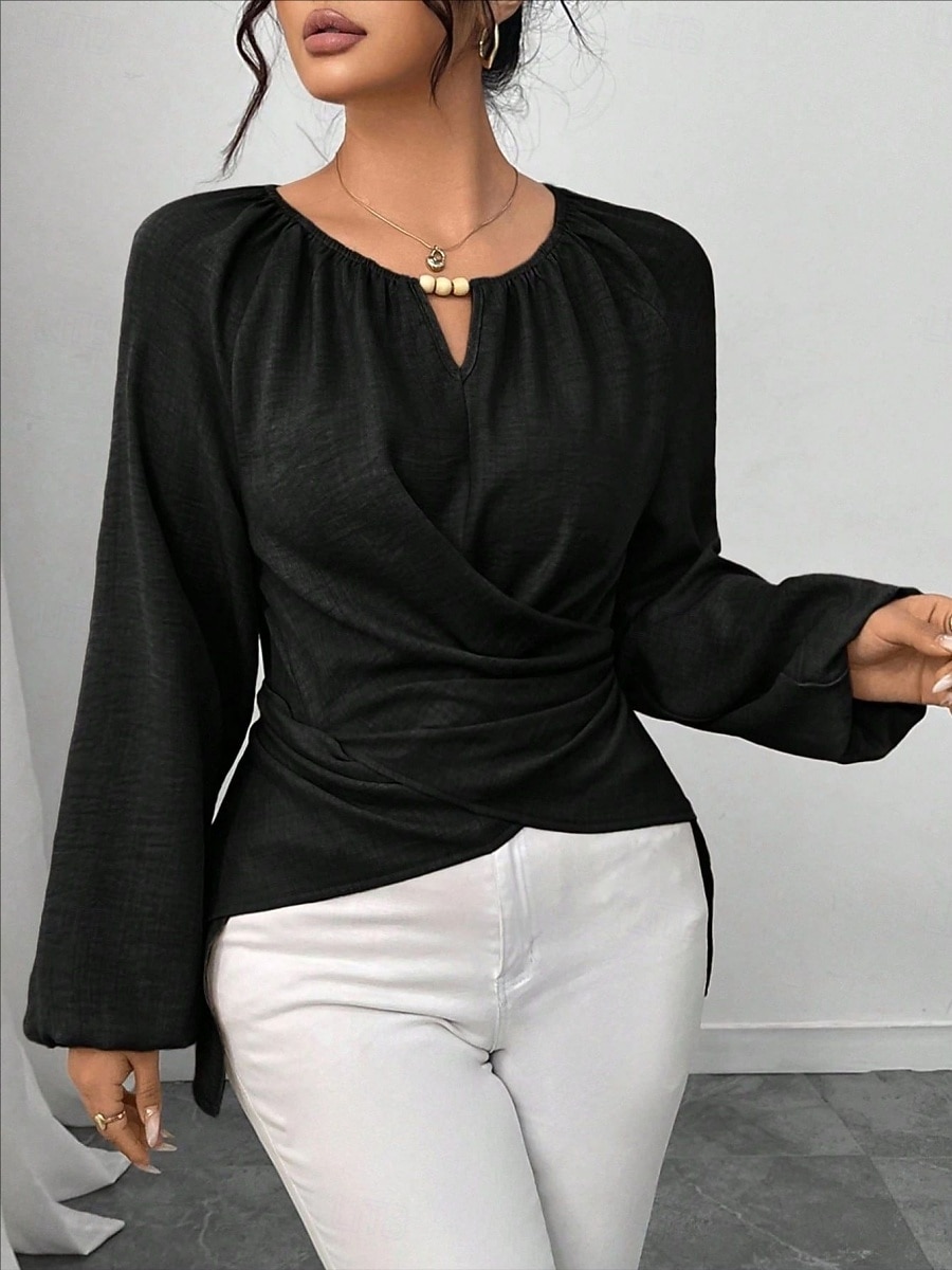 Women's Blouse Ruched Plain Elegant Stylish Basic Long Sleeve Crew Neck Regular Tops Daily Streetwear Black Pink Wine Green Khaki Spring Fall 2026 - $29.99 –P12