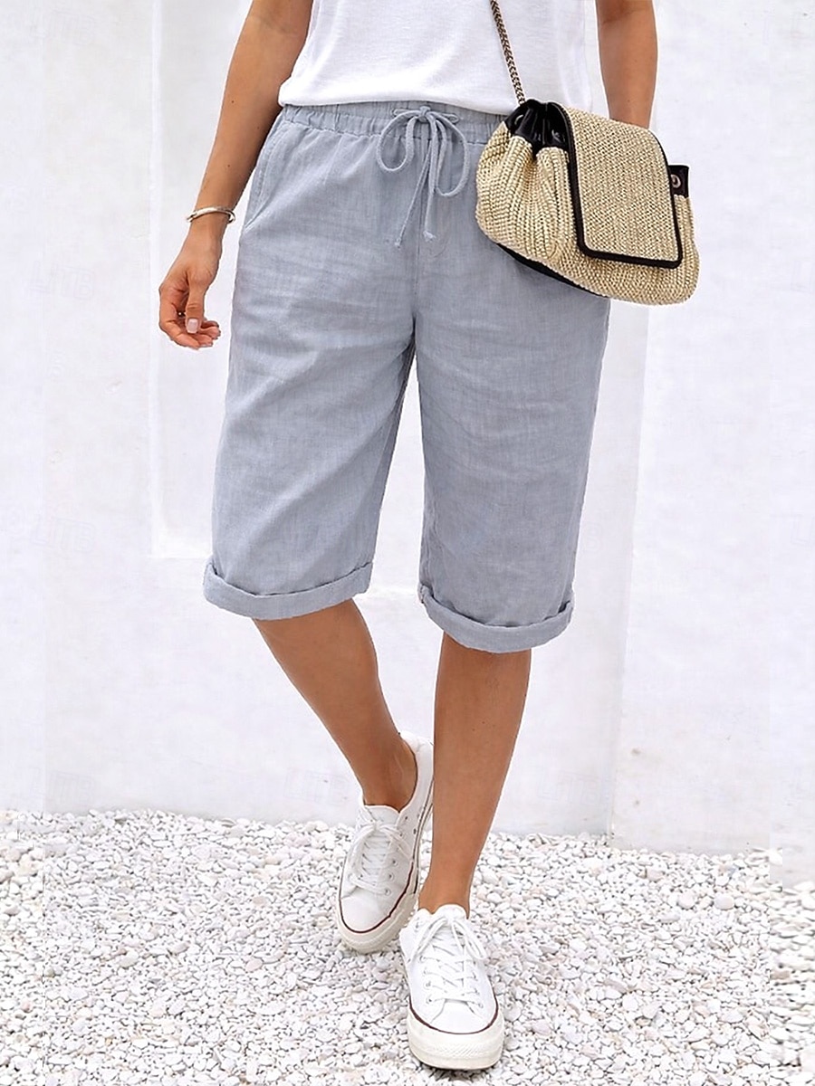 Dames Katoenen linnen shorts Capri broeken Vrijetijdsbroek Zomer korte broeken Vakantie Basic Knielengte Medium Taille Effen Comfortabel Inelastisch Donker Grijs Zwart Wit Oranje Zomer Lente 2026 - $21.99 –P8