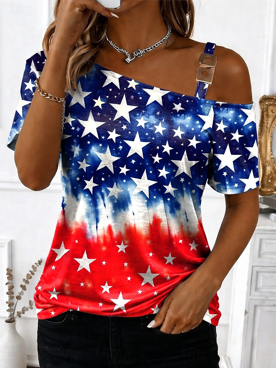 2026年 アメリカ独立記念日 女性用 Tシャツ ティートップ プリント グラフィック スタイリッシュ クラシック カジュアル 半袖 非対称ネック レギュラートップス 日常 お出かけ 週末 ブルー ルビーレッド レッドとブルー 夏 春  コレクション – $21.99 –P5