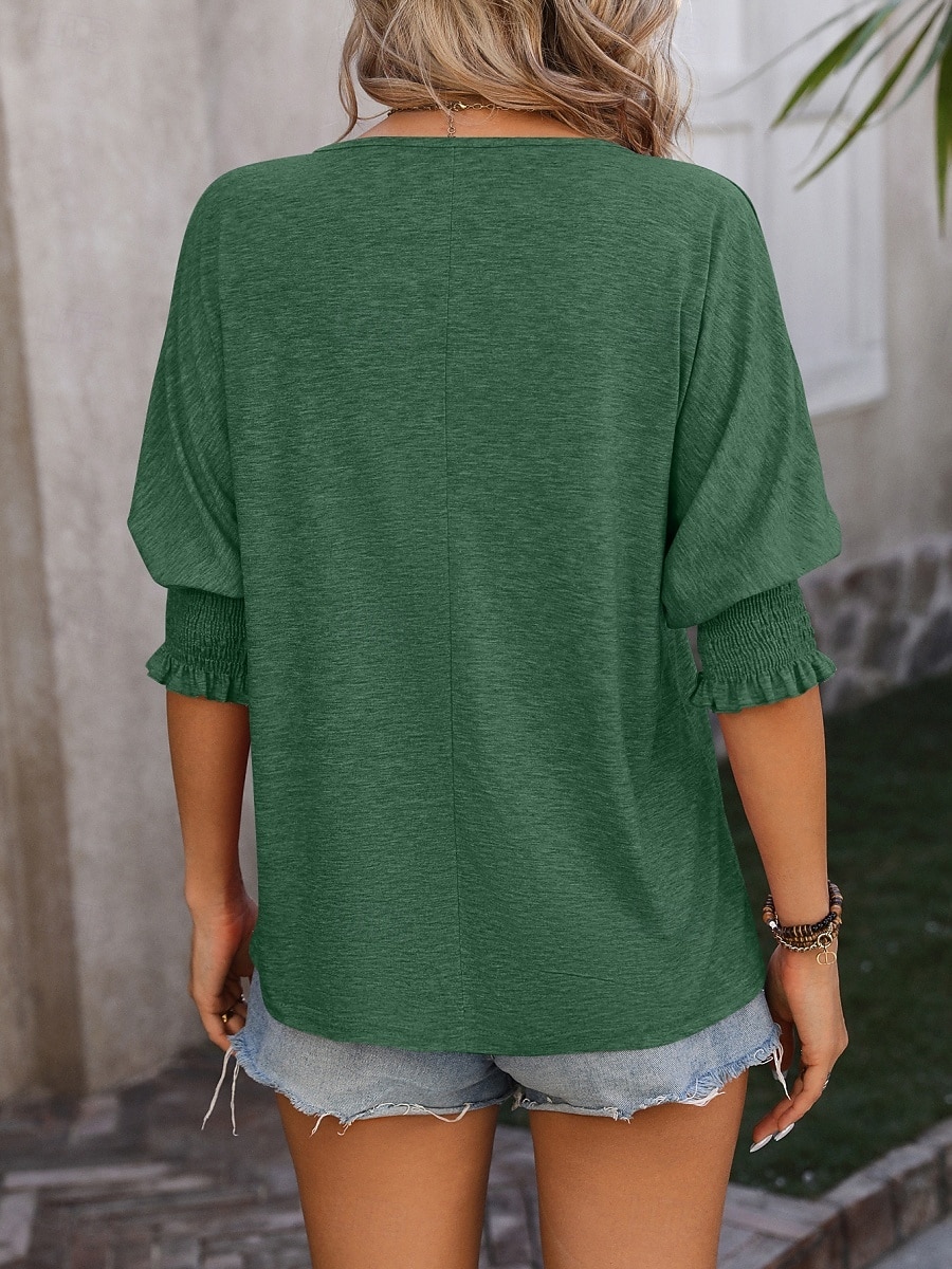 Damen T Shirt Rüsche Einfarbig Vintage Stilvoll Klassisch Dreiviertelarm V Ausschnitt Normale Oberteile Täglich Schwarz Rosa Marineblau Fuchsie Grün Sommer Frühling 2026 - $25.99 –P11