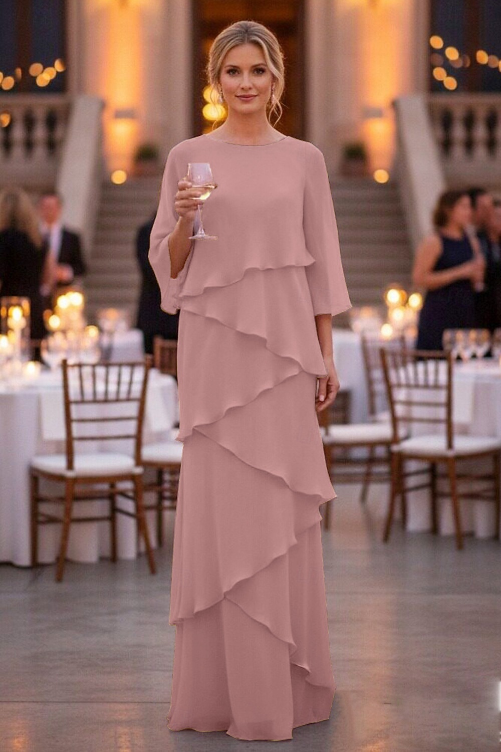 Schlauchkleid Bodenlang Kleid für Hochzeitsgäste Abendkleid Brautmutterkleid Dreiviertelarm Rundhalsausschnitt Elegant Formell Chiffon mit Rüschen 2026 - $89.99 –P11