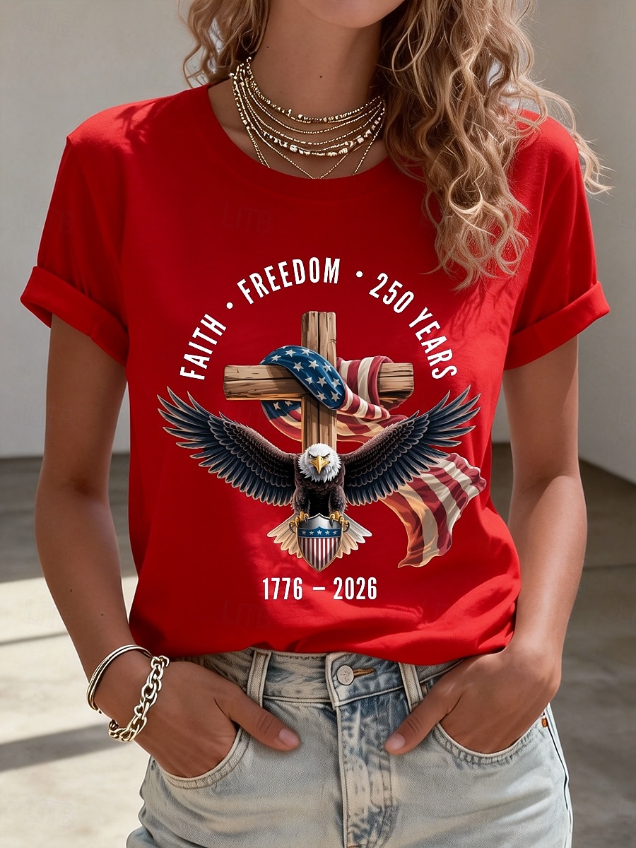 Uavhengighetsdagen Amerikansk Jubileum Patriotisk Dame T-skjorte Trykk Grafisk Flagget Bokstaver Stilig Klassisk Fritidskortermet Rundhals Vanlige Topper Daglig Blå Svart Hvit Rød Sommer Vår 2026 - $22.99 –P1
