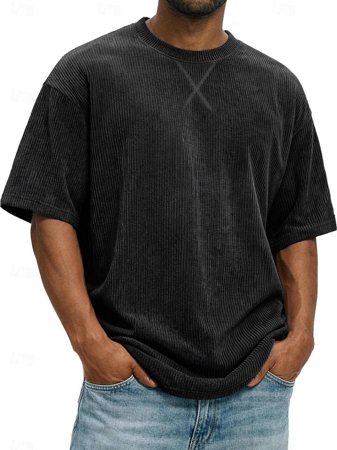 Herren T Shirt Cordhemd T-Shirt Kurzarm Rundhalsausschnitt Sommer Frühling Einfarbig Gestreift Grubenstreifen Mode Basic Weich Kord Urlaub Straße Alltagstauglich Schwarz Weiß Hellgrün Top T-Shirt für 2026 - $20.99 –P8