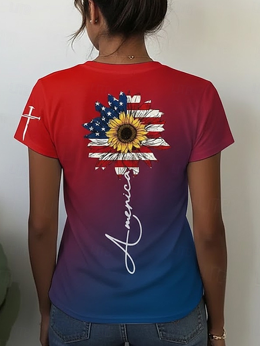 Патриотическая майка ко Дню независимости Женская футболка графический флаг винтажный стильная классическая с коротким рукавом круглый вырез обычная футболка повседневная выходные печать синий 2026 - $22.99 –P3