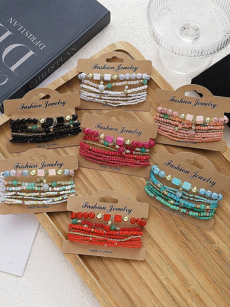 Dámské vícebarevné korálkové náramky z pryskyřice a slitiny v bohémském stylu, moderní a zářivý vzhled, ideální na dovolenou i pro běžné nošení. 2026 - $8.99 –P4