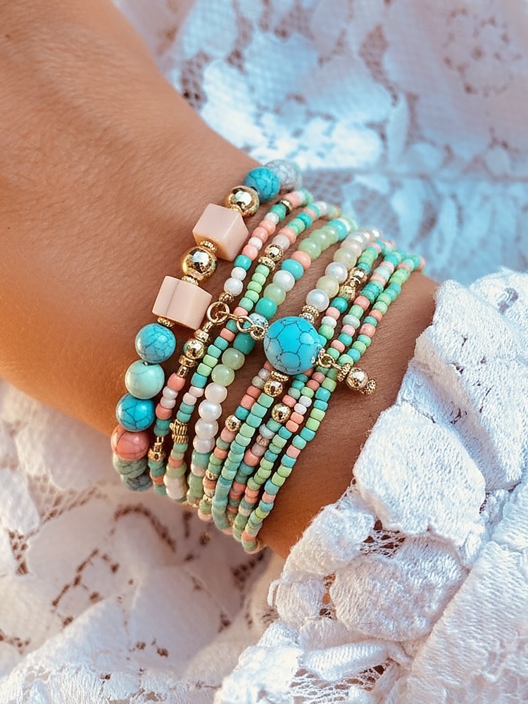 Dámské vícebarevné korálkové náramky z pryskyřice a slitiny v bohémském stylu, moderní a zářivý vzhled, ideální na dovolenou i pro běžné nošení. 2026 - $8.99 –P2