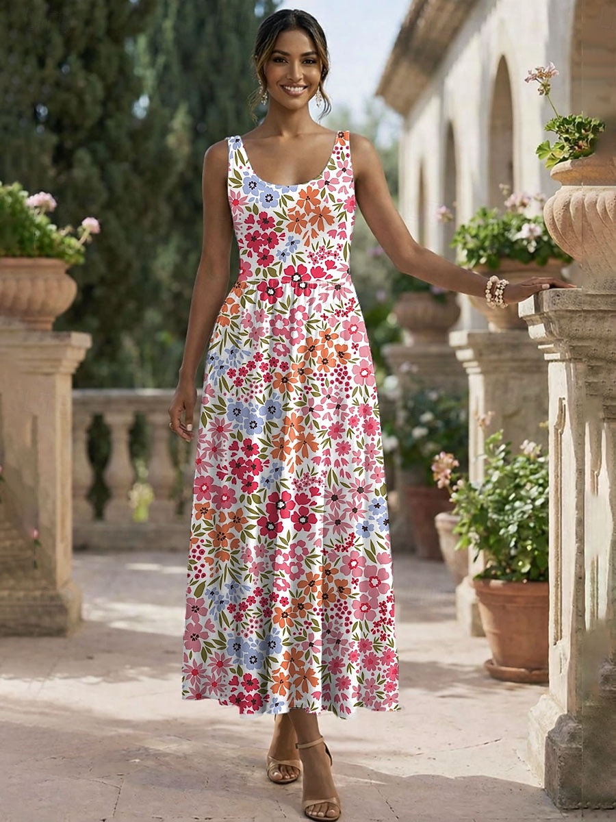 Damen Midikleid Sommerkleid A Linie Kleid Unterkleid Faltenkleid Urlaub Lässig Boho Strand Date Normale Passform Blumen Grafik Ärmellos U-Ausschnitt Rundausschnitt Rosa Rote Grün Beige Sommer Frühling 2026 - $33.99 –P1