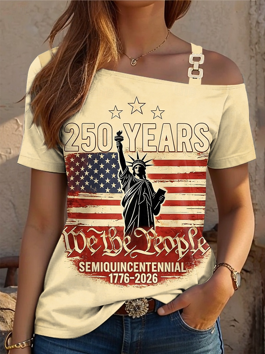 2026年 アメリカ独立記念日 女性用 Tシャツ プリント アシメントリー グラフィック アメリカの国旗 ヴィンテージ ファッション カジュアル 半袖 ワンショルダー レギュラートップス 日常 お出かけ 週末 ブラック ルビーレッド カーキ色 夏 春  コレクション – $21.99 –P3