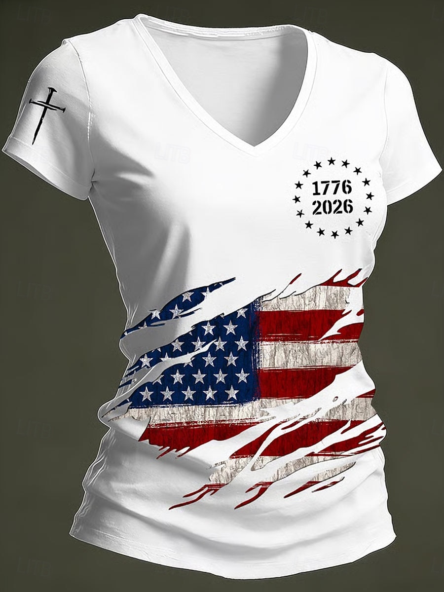 Día de la Independencia Aniversario Americano Camiseta Patriótica de Mujer Impresión Gráfica Bandera Vintage Elegante Clásico Manga Corta Cuello en V Tops Regulares Diarios Azul Negro Blanco Rojo 2026 - $21.99 –P1