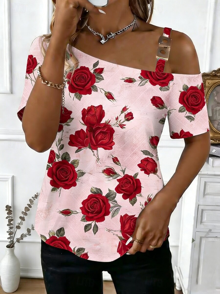 Dames T-shirt Afdrukken Bloemig Grafisch Elegant Modieus Klassiek Korte mouw Eén-schouder Normale tops Dagelijks Uitgaan Weekend Wit Blozend Roze Paars Groen Zomer Lente 2026 - $23.99 –P1