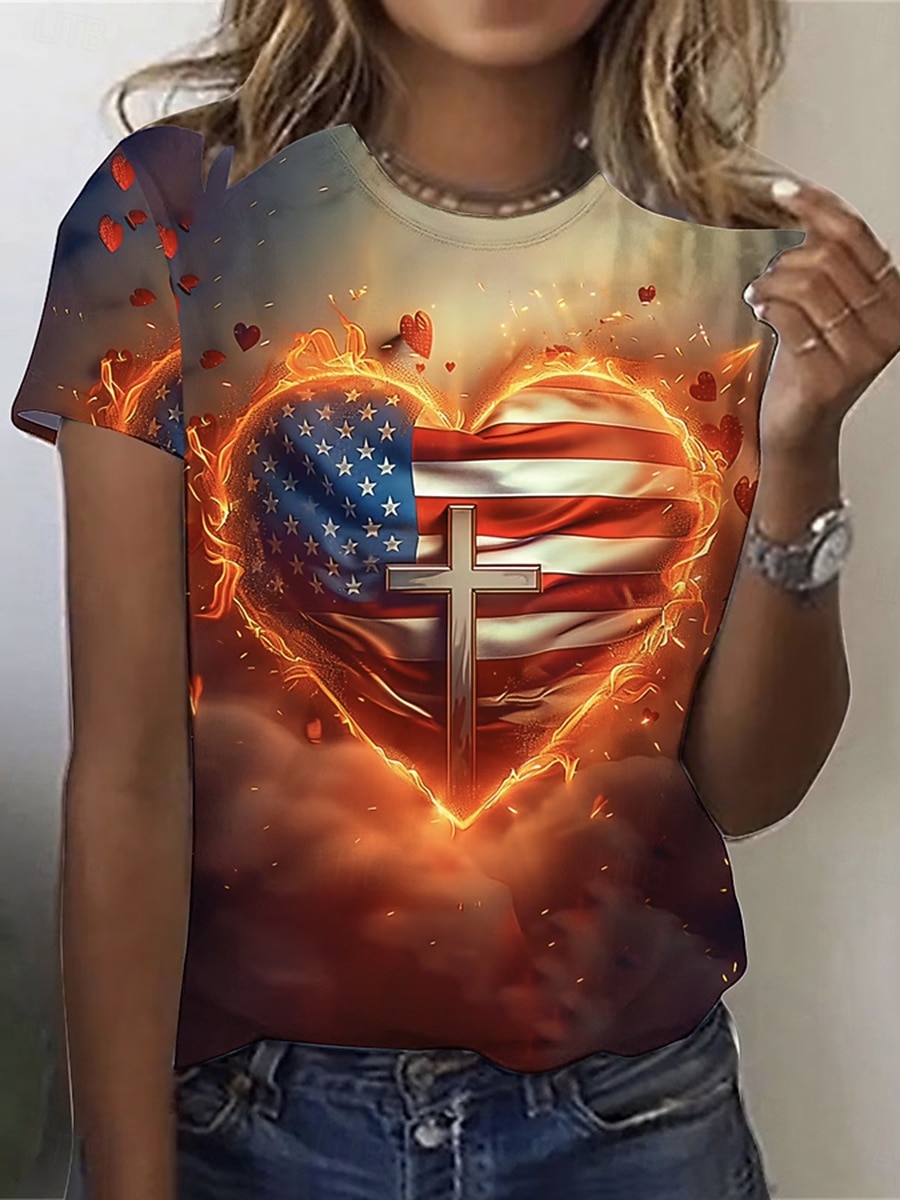 Independence Day PatrioticWomen's T Shirt Print Graphic Flag Stylish Classic Casual Short Sleeve Crew Neck Round Neck Regular Tops Daily Blue Red Orange Summer Spring 2026 - $22.99 –P1
