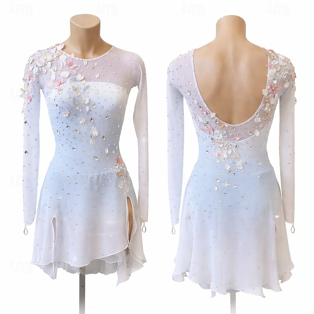 Figure Skating Dress Women's Ice Skating Dress White Patchwork Open Back High Elasticity Training Competition Skating Wear Classic Crystal / Rhinestone Long Sleeve Ice Skating Figure Skating 2026 - $298.69 –P1