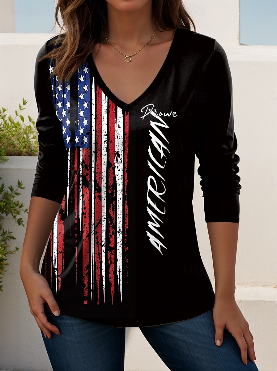 Giorno dell'Indipendenza Americana Per donna Maglietta Stampato Grafico Bandiera Americana Vintage Elegante Classico Manica Lunga Scollo a V Top Regolari Quotidiano Weekend Blu Nero Blu turchese del 2026 a $24.99 –P4