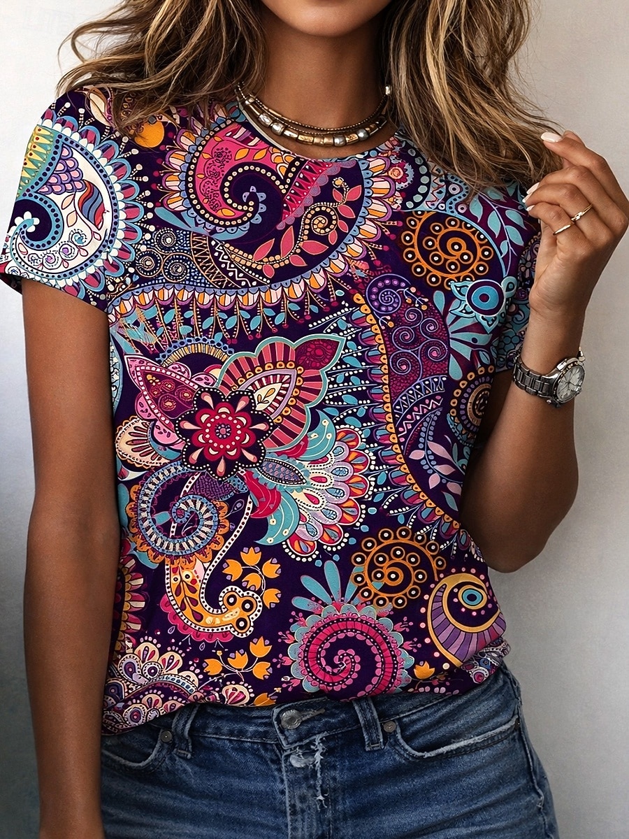 Per donna Maglietta Stampato Floreale Grafico Paisley Bohemien Vintage Elegante Manica Corta Girocollo Scollo a V Top lunghi Quotidiano Uscire Weekend Blu Nero Verde chiaro Viola Verde Estate del 2026 a $7.99 –P3
