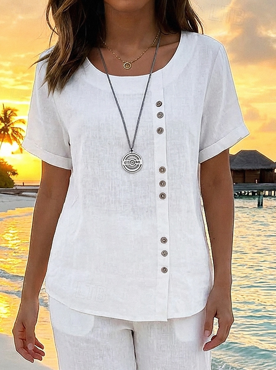 Women's Shirt Cotton Blend Blouse Buttons Plain Basic Modern Short Sleeve Crew Neck Regular Tops Daily Holiday Blue White Pink Orange Green Summer 2026 - $18.49 –P4