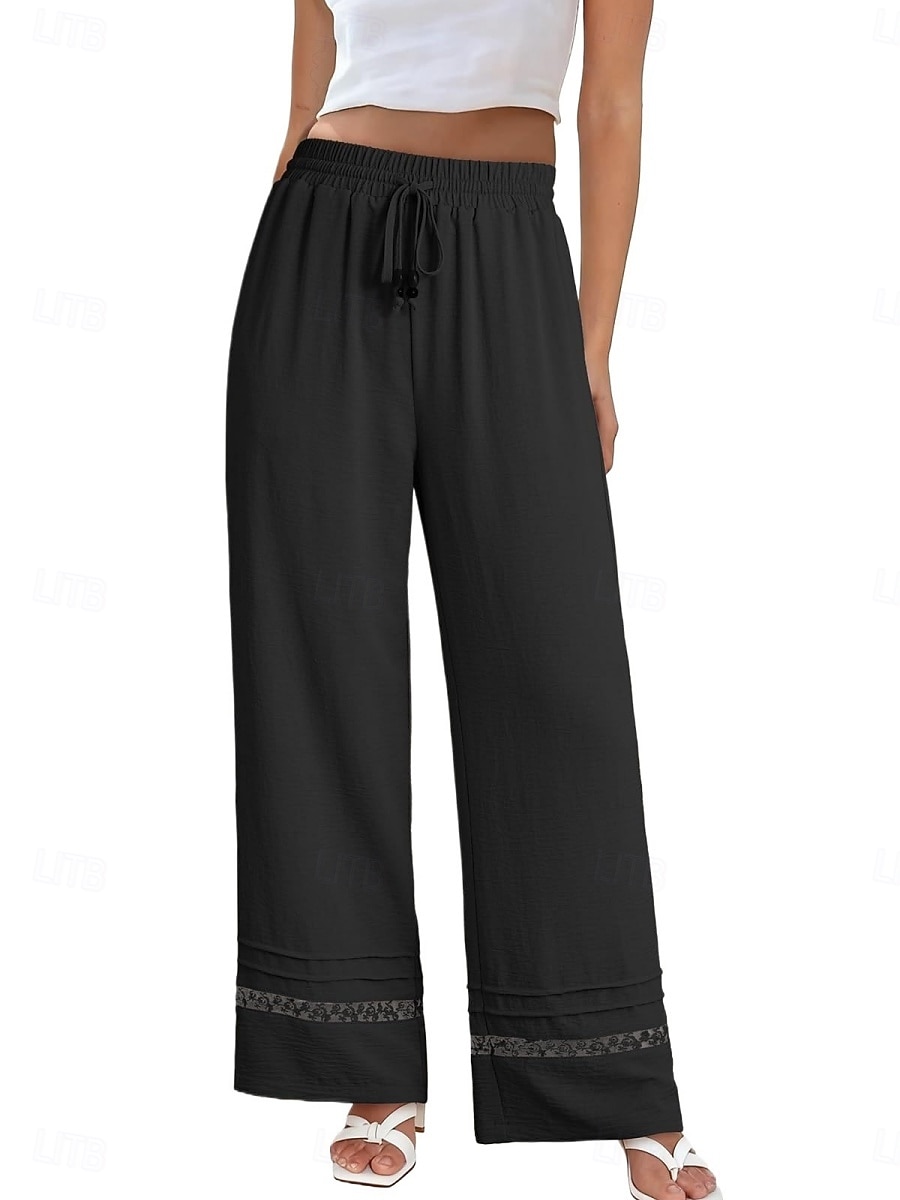Women's Wide Leg Trousers Casual Pants Vacation Fashion Streetwear Full Length High Waist Plain Lace Elastic Waist Comfortable Breathable Inelastic Daily Vacation Street Black Almond Military Green 2026 - $29.99 –P4