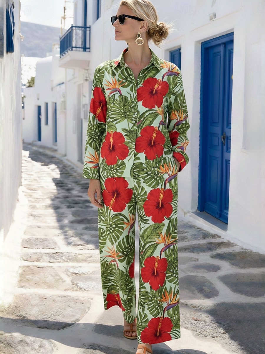 Dame Todelt sett Buksesett Bolero topp Langermet Skjortekrage Blomstret Grafisk Anlegg Trykt mønster Daglig Stilfull Avslappet Daglig Strand Blå Gul Rød Sommer Normal 2026 - $62.99 –P4