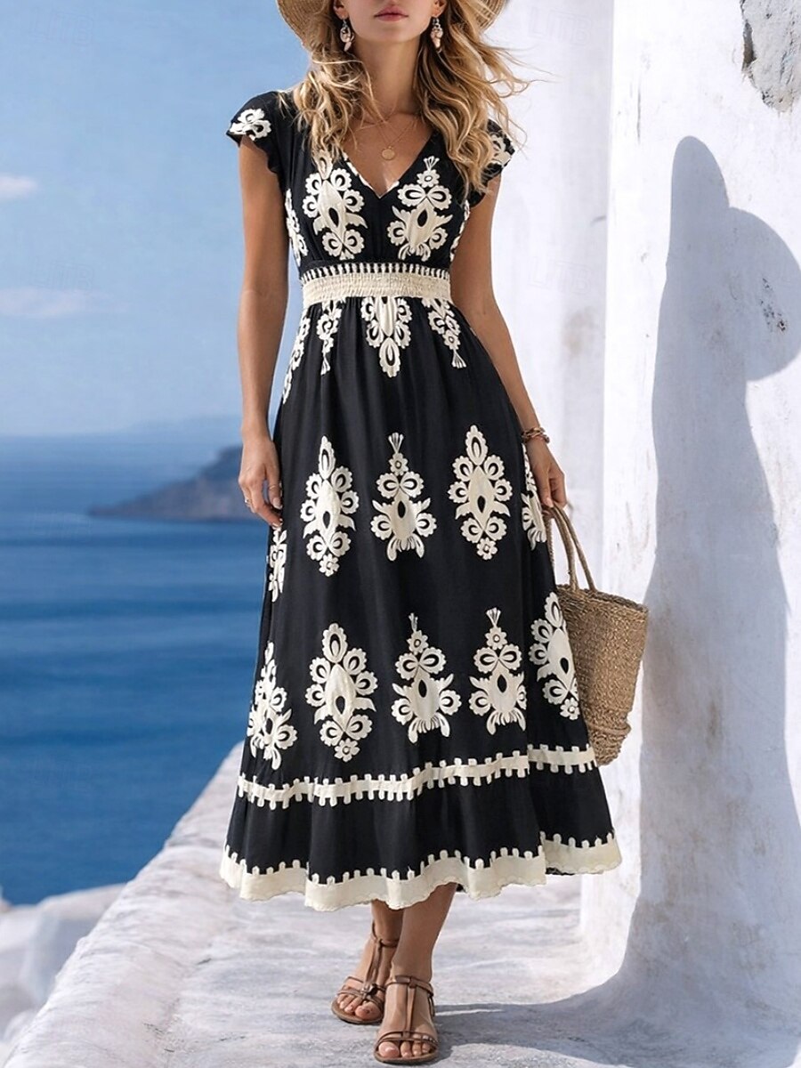Mulheres Vestido Longo Vestido A Line Casual Ao ar livre Para Noite Normal Floral Manga Curta Decote V Preto Verão Primavera de 2026 por $34.99 –P2