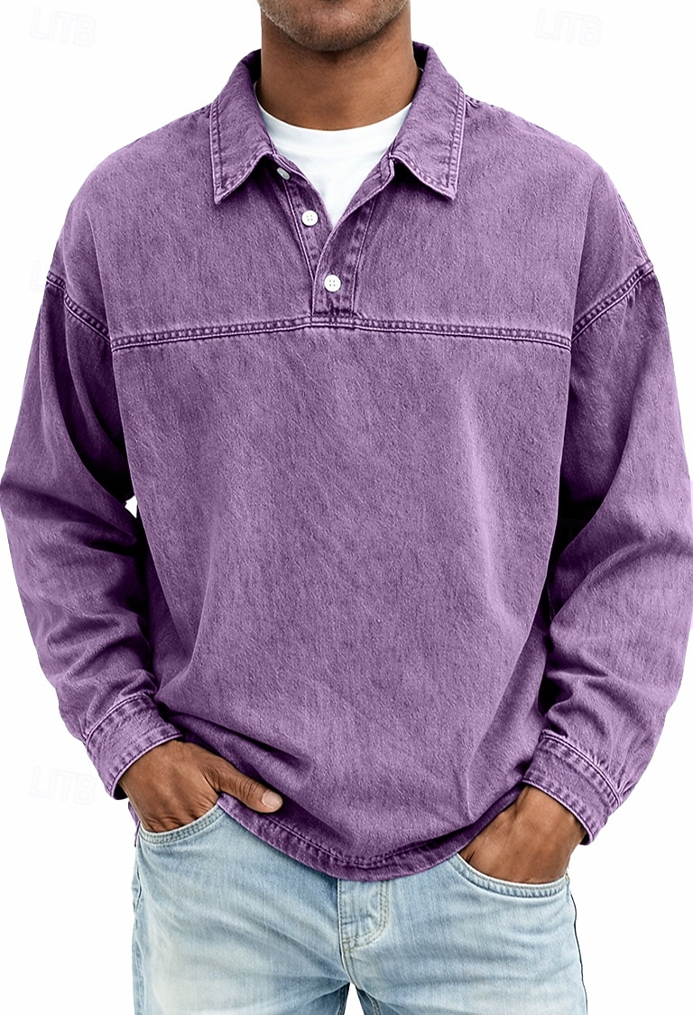 Herren Jeanshemd Baumwoll-Poloshirt Lässig Urlaub Klassisch Langarm Mode Basic Einfarbig Einfach Vintage-Stil Gewaschen Frühling Winter Frühling & Herbst Normale Passform Schwarz Hellgrün Rosa 2026 - $33.99 –P10