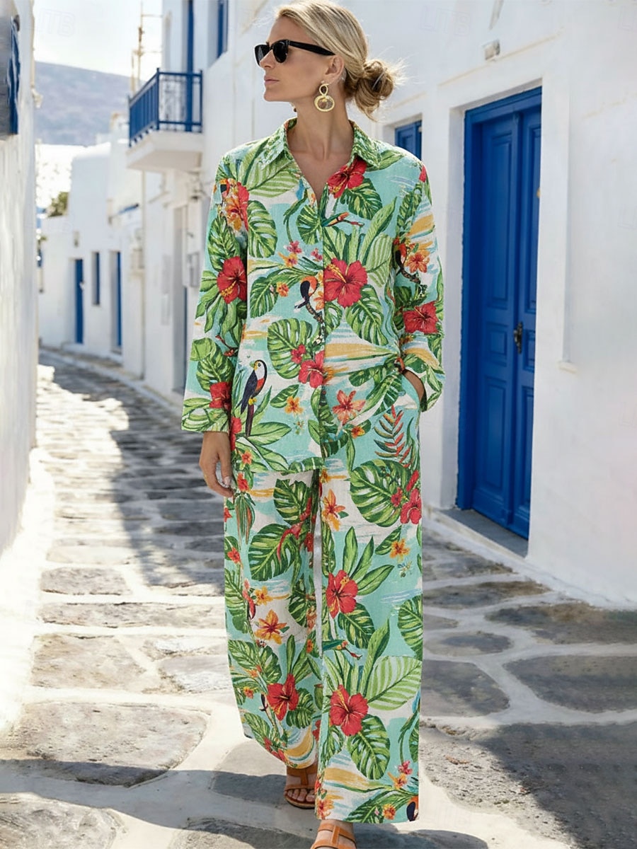 Dame Todelt sett Buksesett Bolero topp Langermet Skjortekrage Blomstret Grafisk Anlegg Trykt mønster Daglig Stilfull Avslappet Daglig Strand Blå Gul Rød Sommer Normal 2026 - $62.99 –P2