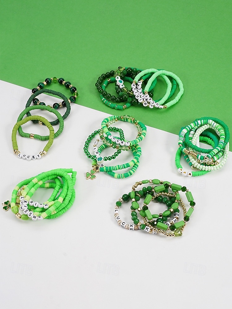 Set de brățări cu mărgele pentru femei de Ziua Sfântului Patrick, brățări cu pandantive din rășină și aliaj, bijuterii cu litere irlandeze cu trifoi în mai multe stiluri, perfecte pentru parade de sărbători, petreceri și ținute festive 2026 - $9.99 –P5