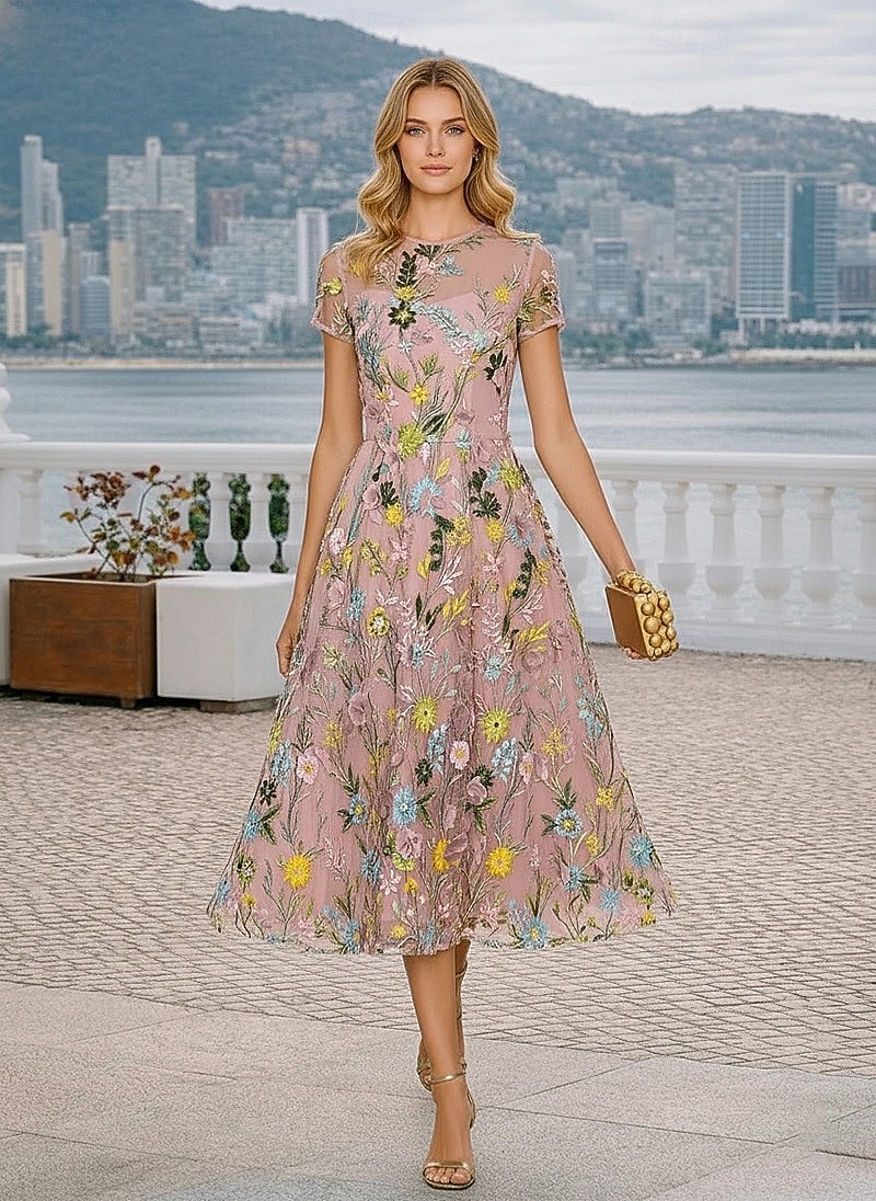 A-Line Tea Length Cocktail Dresses Elegant Floral Short Sleeve Crew Neck Garden Party Wedding Lace with 3D Flowers Embroidery Appliques 2026 - $194.99 –P1